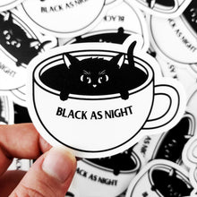 Laden Sie das Bild in den Galerie-Viewer, "Black as Night" Coffee Cat | 3-inch Waterproof Sticker - Scaredy Cat Studio
