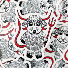Laden Sie das Bild in den Galerie-Viewer, Highland Cow in a Devil Costume | 3-inch Waterproof Sticker - Scaredy Cat Studio