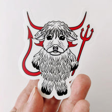 Laden Sie das Bild in den Galerie-Viewer, Highland Cow in a Devil Costume | 3-inch Waterproof Sticker - Scaredy Cat Studio