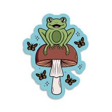 Load image into Gallery viewer, Cheerful Frog with Brown Mushrooms and Butterflies | Mushroom Pals | 3-inch Waterproof Sticker