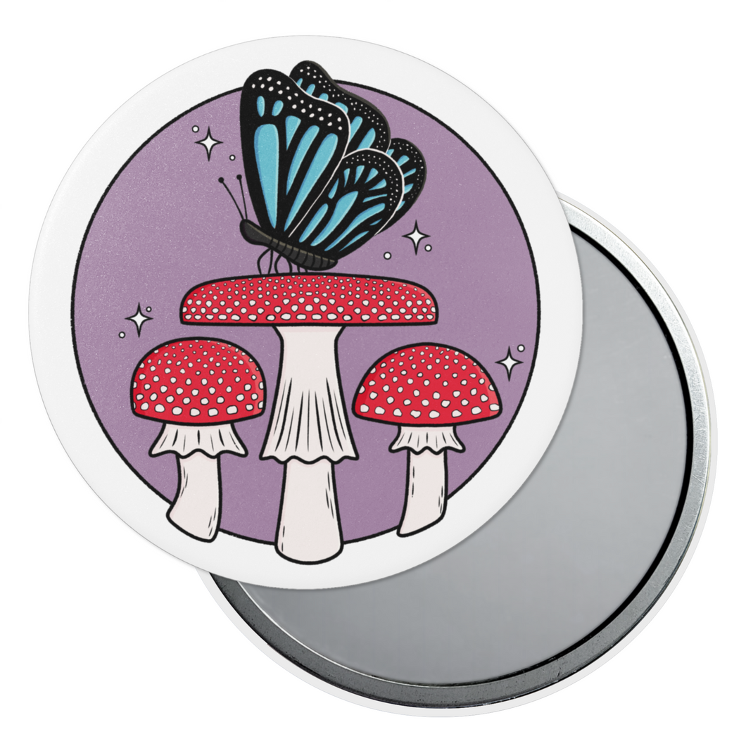 Blue Butterfly with Fly Agaric Mushrooms | Mushroom Pals | Pocket Mirror