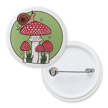 Load image into Gallery viewer, Snail with Fly Agaric Mushrooms | Mushroom Pals | Pinback Badge Button
