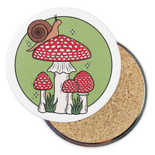 Load image into Gallery viewer, Snail with Fly Agaric Mushrooms | Mushroom Pals | Round Beverage Coaster
